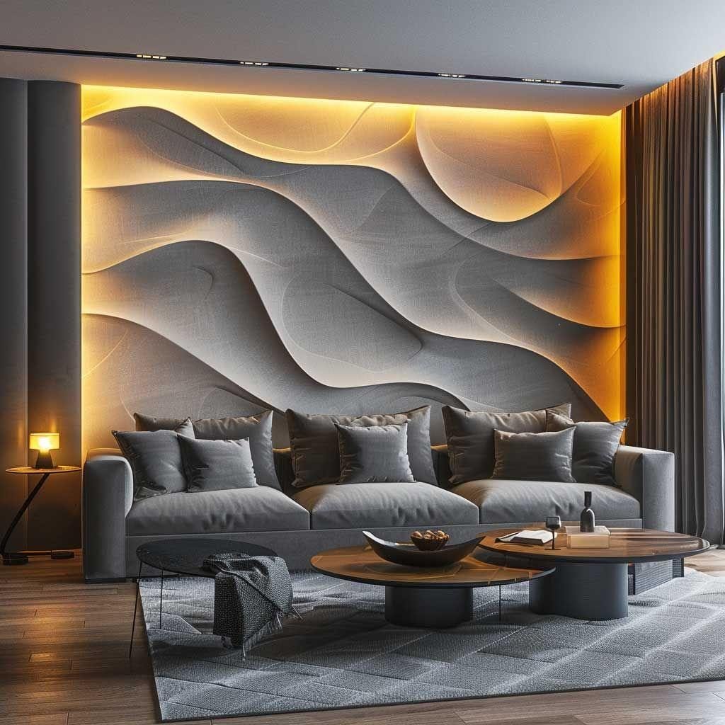 Backlit 3D wave wall panel behind a grey sofa and round coffee tables