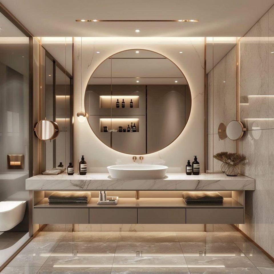 Bathroom with a backlit round mirror, floating vanity and warm niche lighting