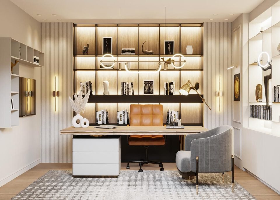 Home office with a backlit shelving wall, white desk and leather chair