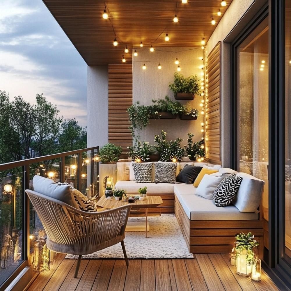Covered balcony lounge with timber bench seating, cushions, wall planters and string lights at dusk