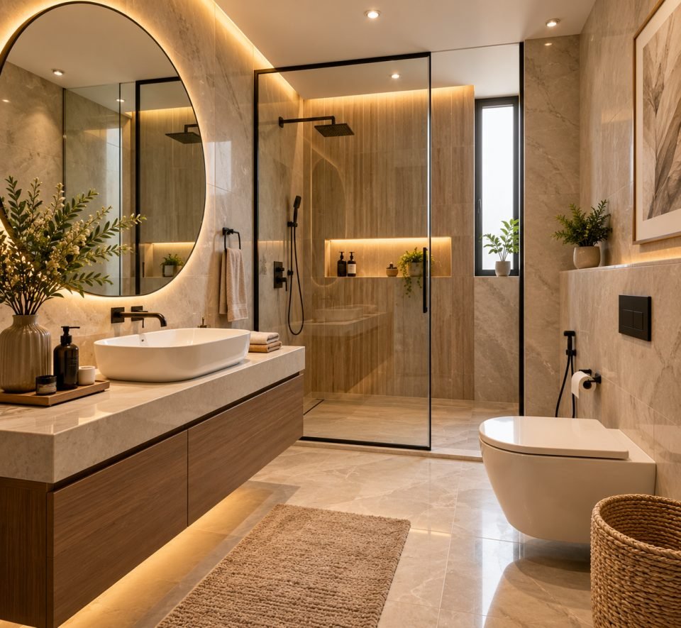 The same bathroom after renovation with stone tiles, a floating vanity, round lit mirror and glass shower