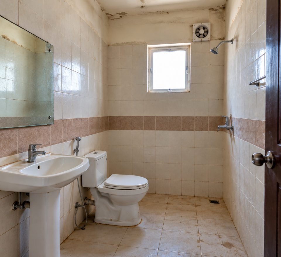 Bathroom before renovation with dated tiles, pedestal basin and stained floor