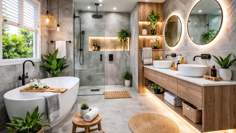 Bathroom with a freestanding tub, double vanity, round mirrors and plants