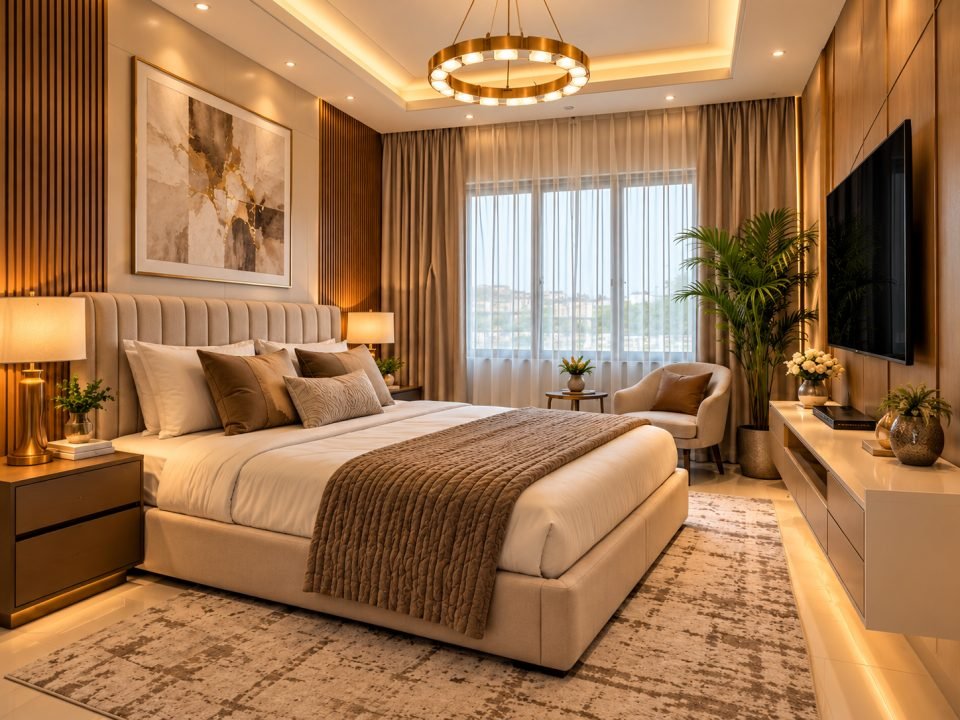 The same bedroom after decoration with an upholstered bed, timber panels, ring chandelier and layered curtains