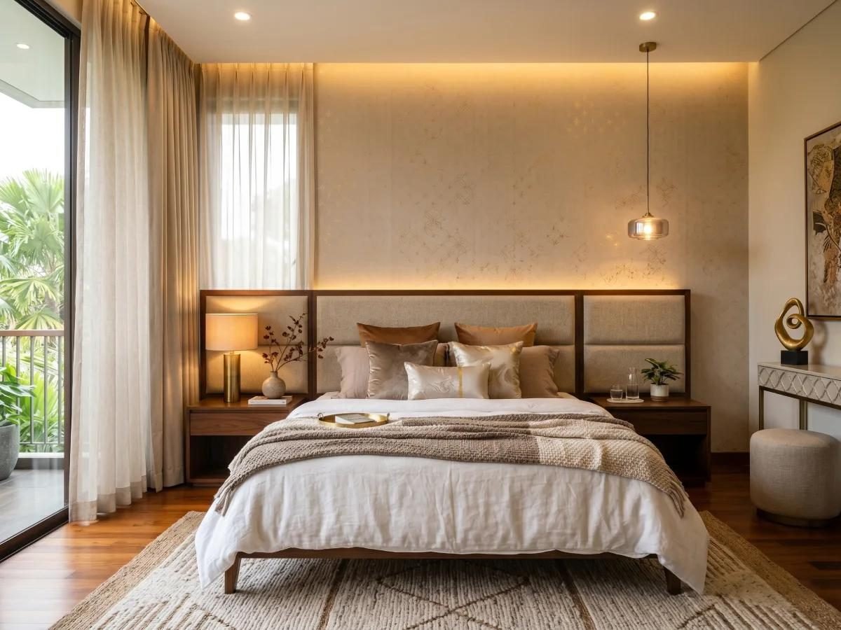 Bedroom with a lit upholstered headboard, sheer curtains and a pendant light