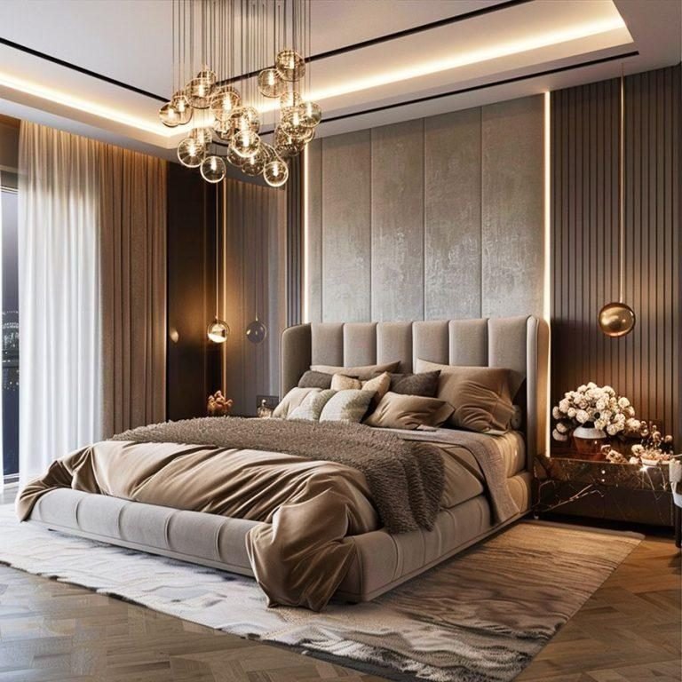 Moody bedroom with a panelled wall, glass chandelier and tufted bed