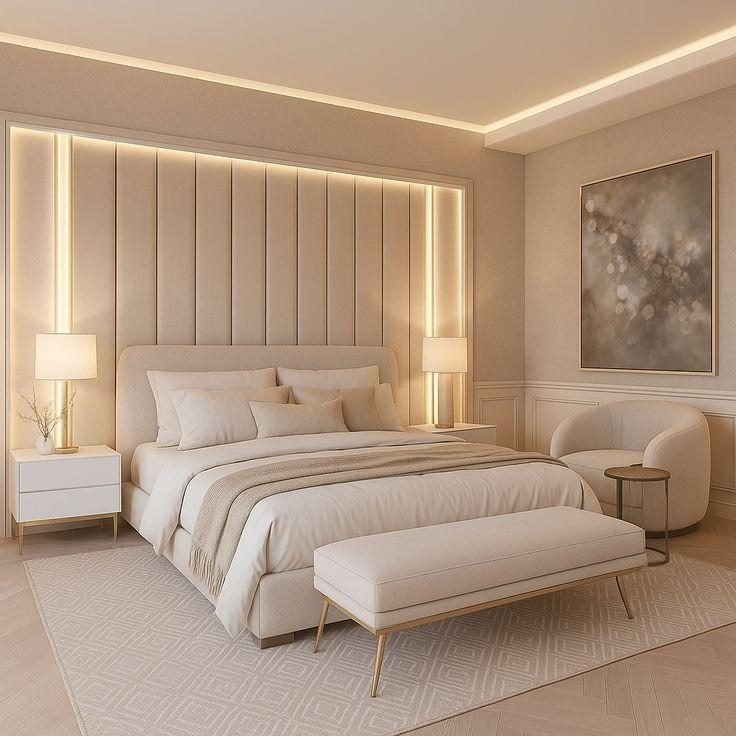 Soft neutral bedroom with a backlit panelled headboard, bench and abstract art