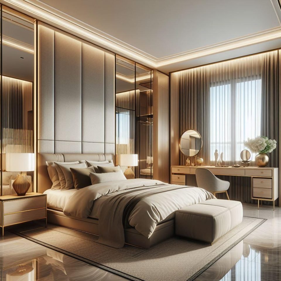 Bedroom with a full-height panelled headboard wall, warm cove lighting and a dressing table