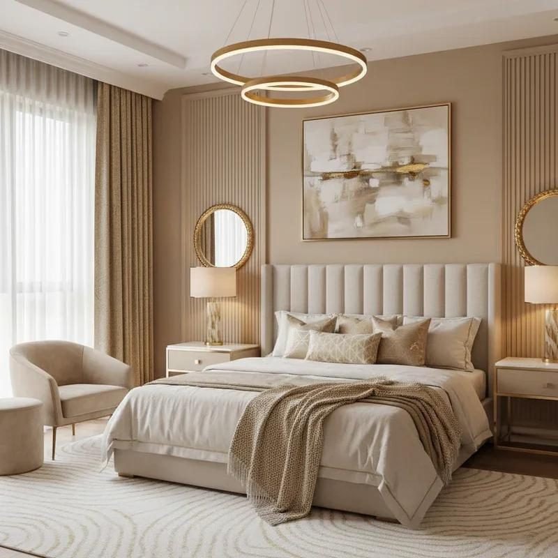 Beige bedroom with a double-ring chandelier, channel-tufted headboard and abstract gold artwork