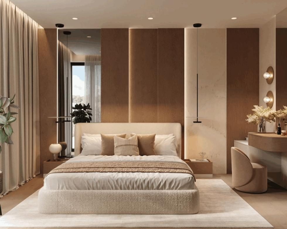 Bedroom with walnut wall panels, upholstered bed and a vanity corner