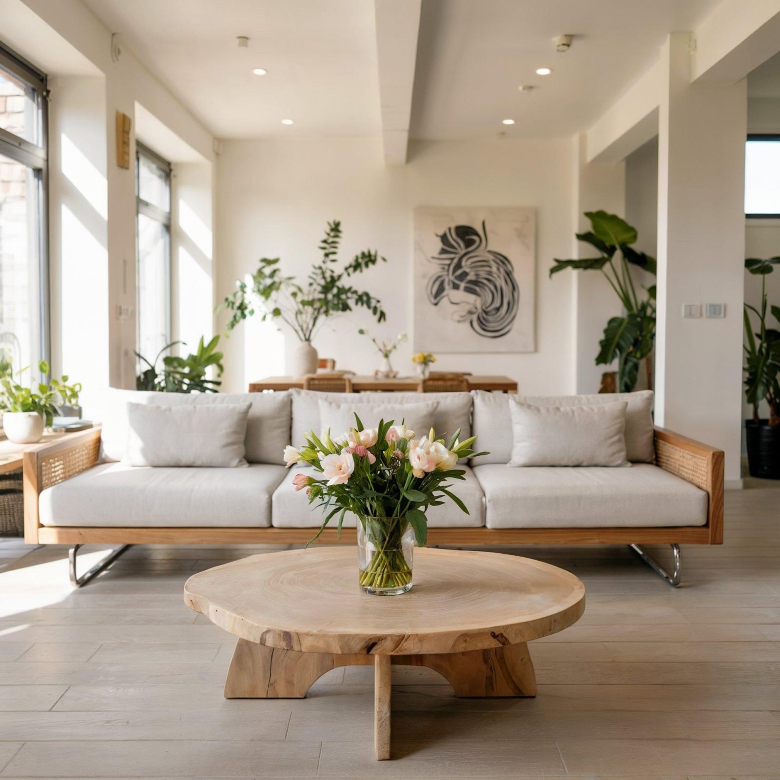 Bright living room with a rattan-framed sofa, round timber coffee table, fresh flowers and indoor plants