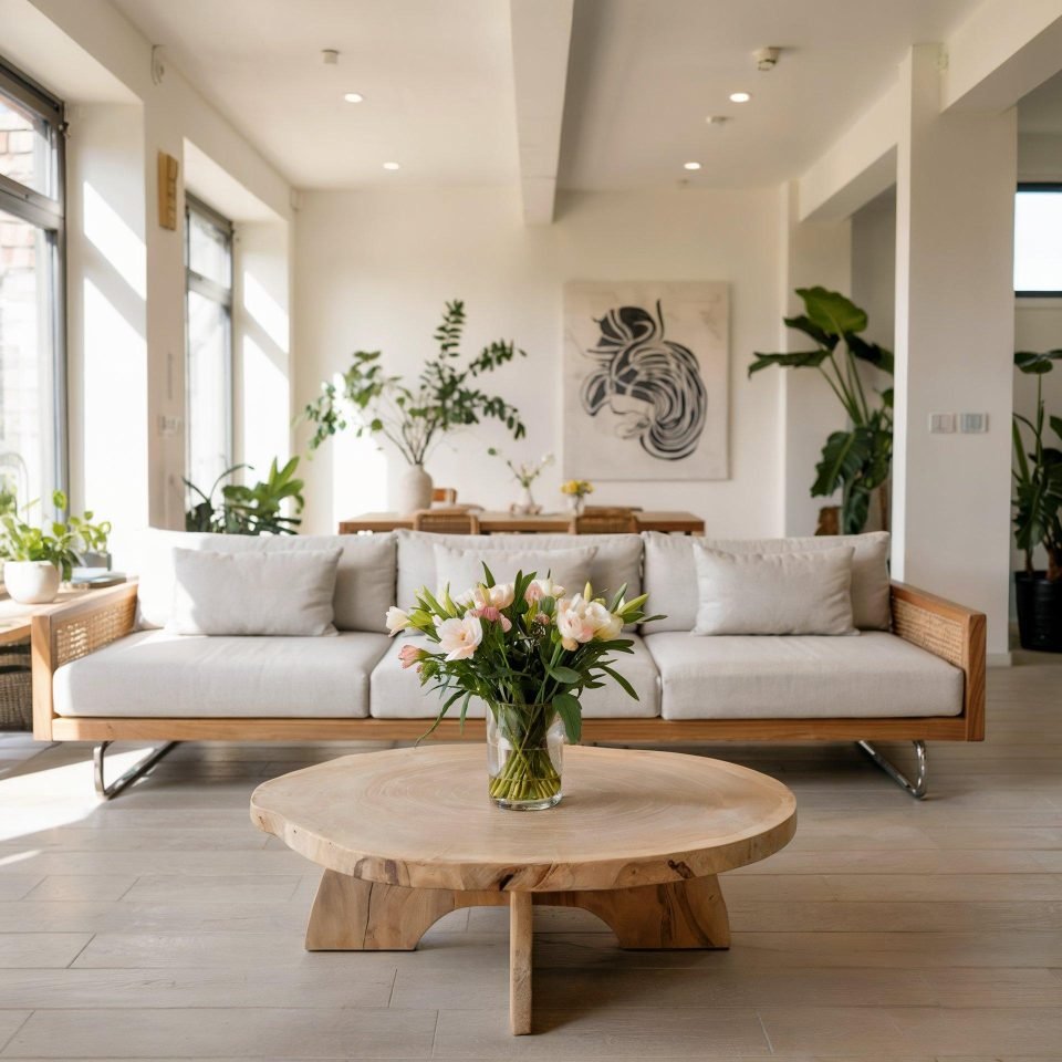 Bright living room with a rattan-framed sofa, round timber coffee table, fresh flowers and indoor plants