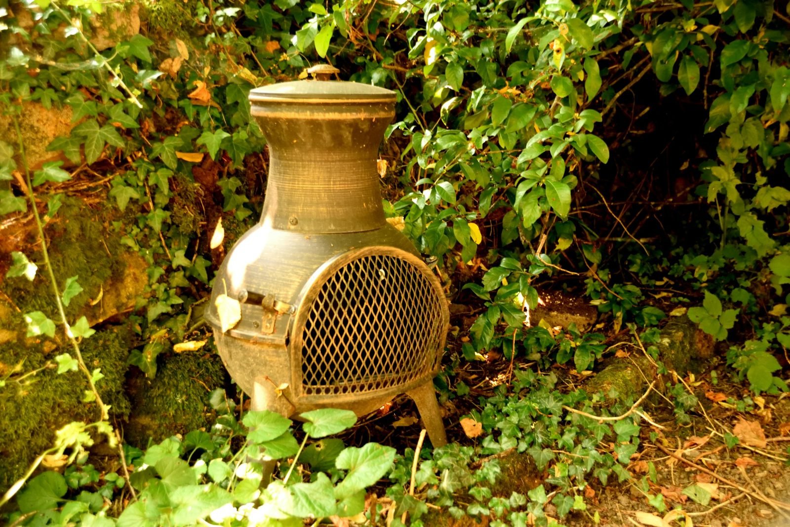 Cast metal chiminea with a mesh door standing among garden greenery