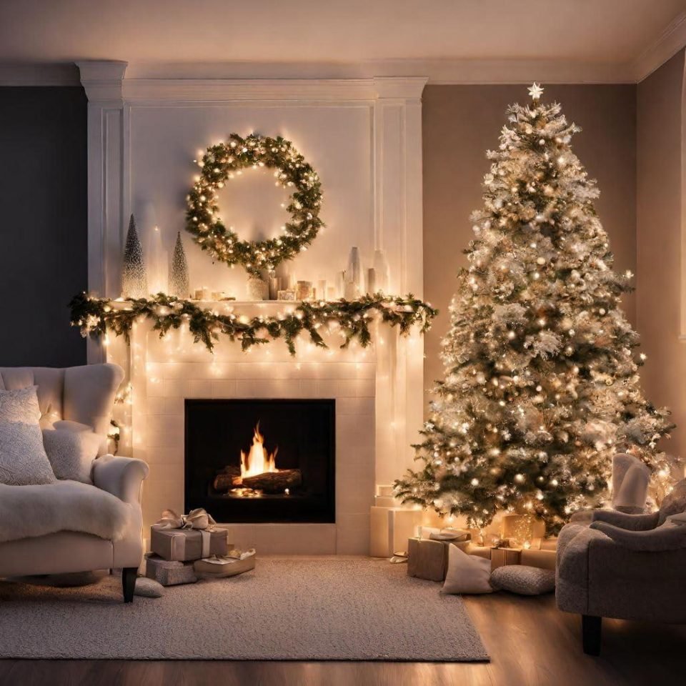 Living room dressed for Christmas with a lit tree, garland-draped fireplace mantel, wreath and wrapped gifts