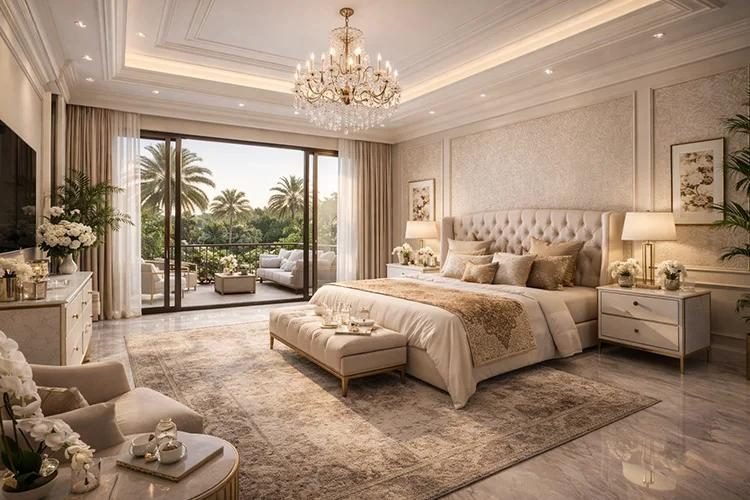 Classic luxury bedroom with a crystal chandelier, tufted headboard and terrace doors