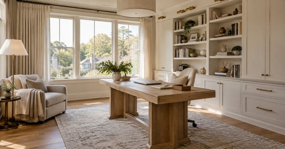 Classic white study with built-in shelving, oak desk and armchair by the window