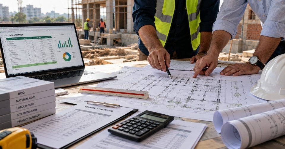 Project cost estimate on a laptop beside floor plans and a calculator