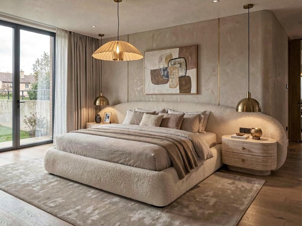 Bedroom with a curved boucle bed, rattan pendant lamp, textured plaster wall and abstract art
