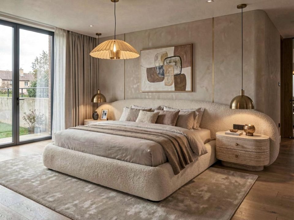 Bedroom with a curved boucle bed, rattan pendant lamp, textured plaster wall and abstract art