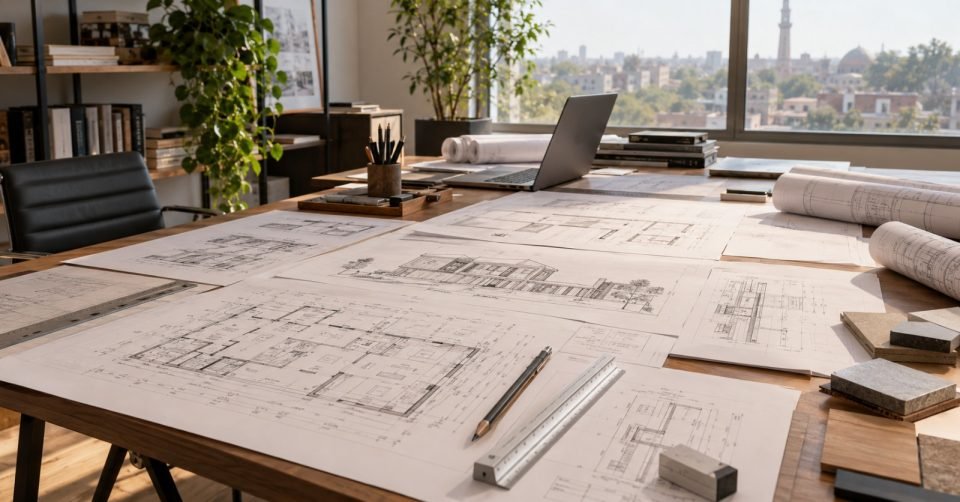 Design studio table covered with architectural drawings and samples