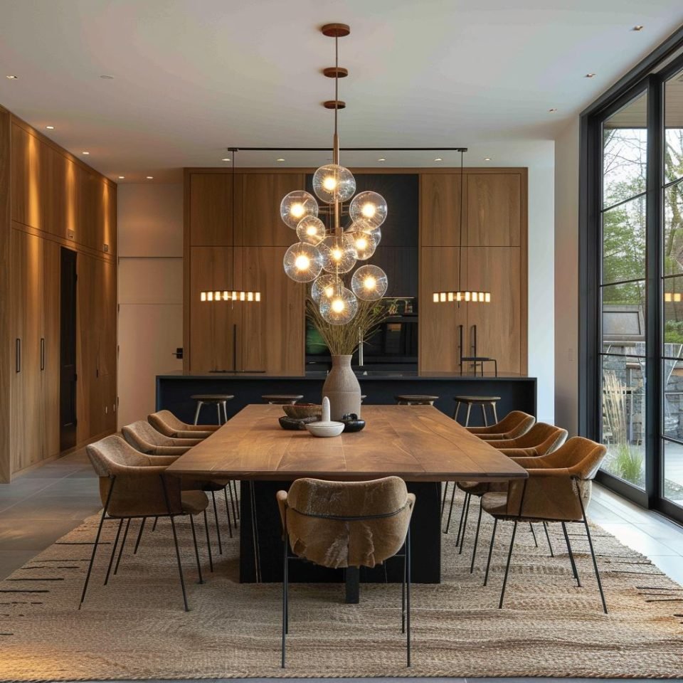 Dining room with a glass bubble chandelier, oak table and walnut wall panelling