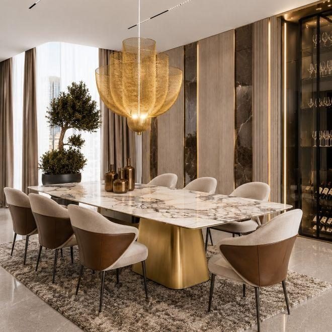 Dining room with a gold mesh chandelier over a marble table, curved two-tone chairs and a lit wine wall