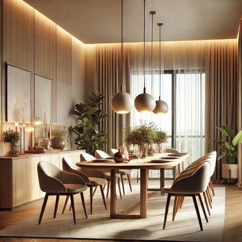 Dining room with a cluster of bronze pendant lights, warm cove lighting and sheer curtains