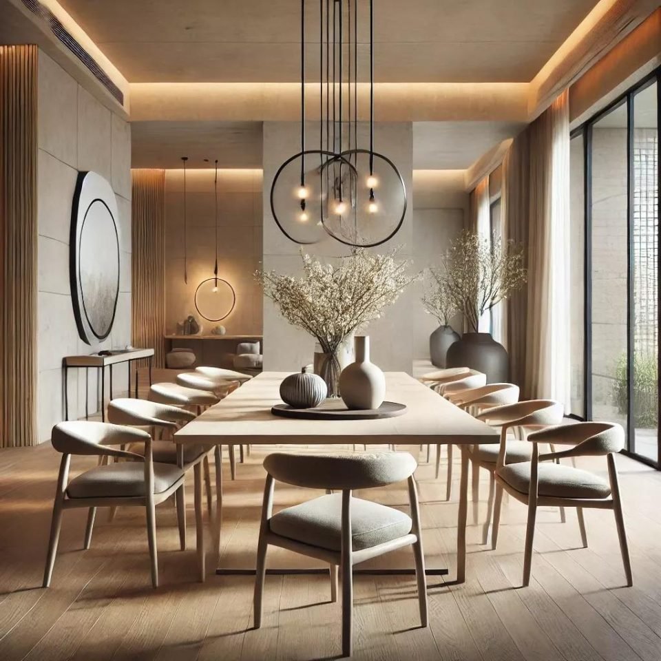 Dining room with a long oak table, upholstered chairs, ring pendant lights and a round mirror