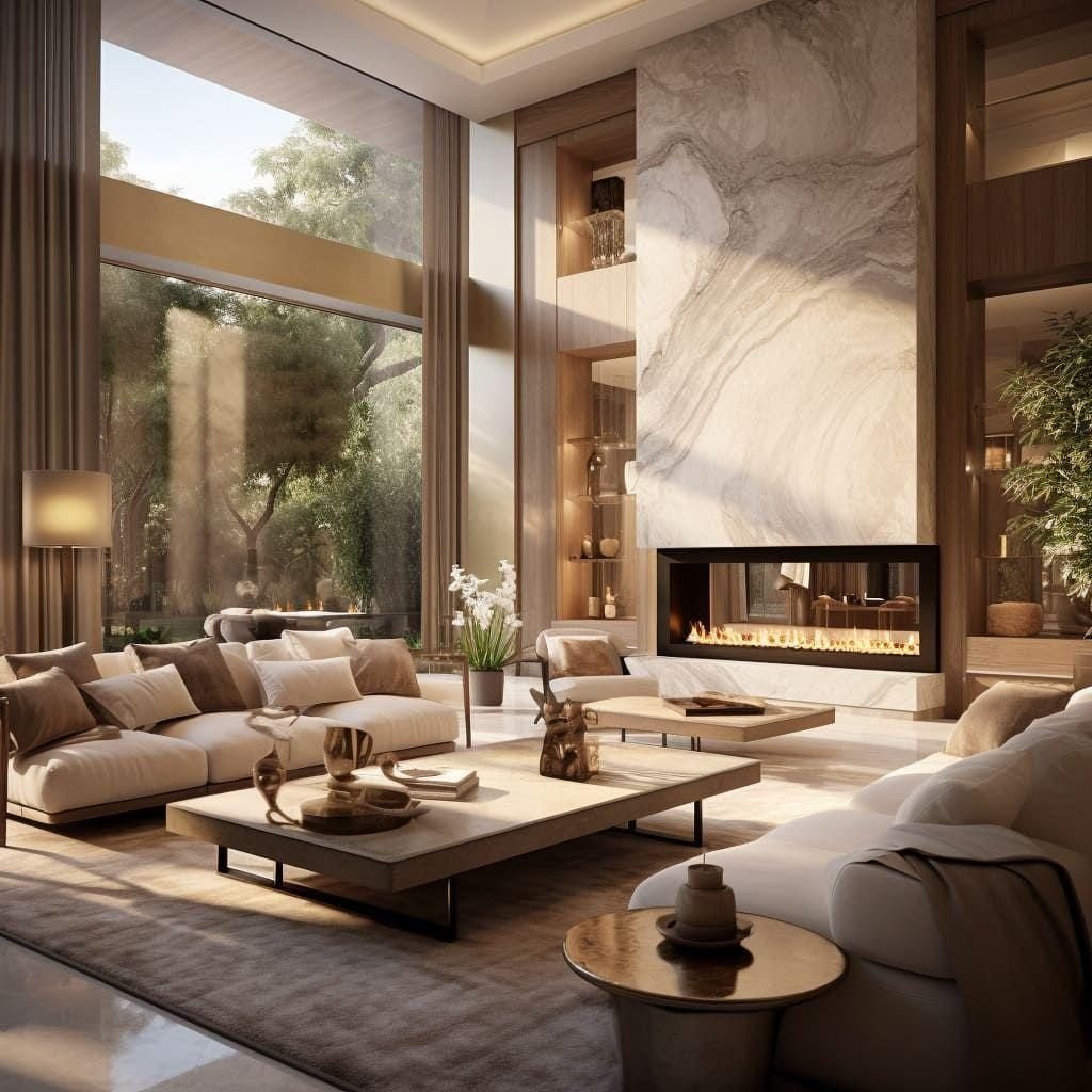 Double-height living room with a linear fireplace in a stone feature wall, beige sofas and a low timber coffee table