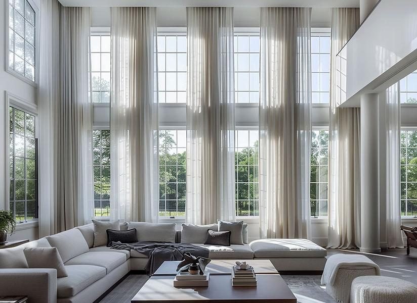 Double-height living room with tall sheer curtains and a grey sectional
