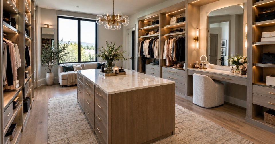 Dressing room with a chandelier, vanity desk and open oak shelving