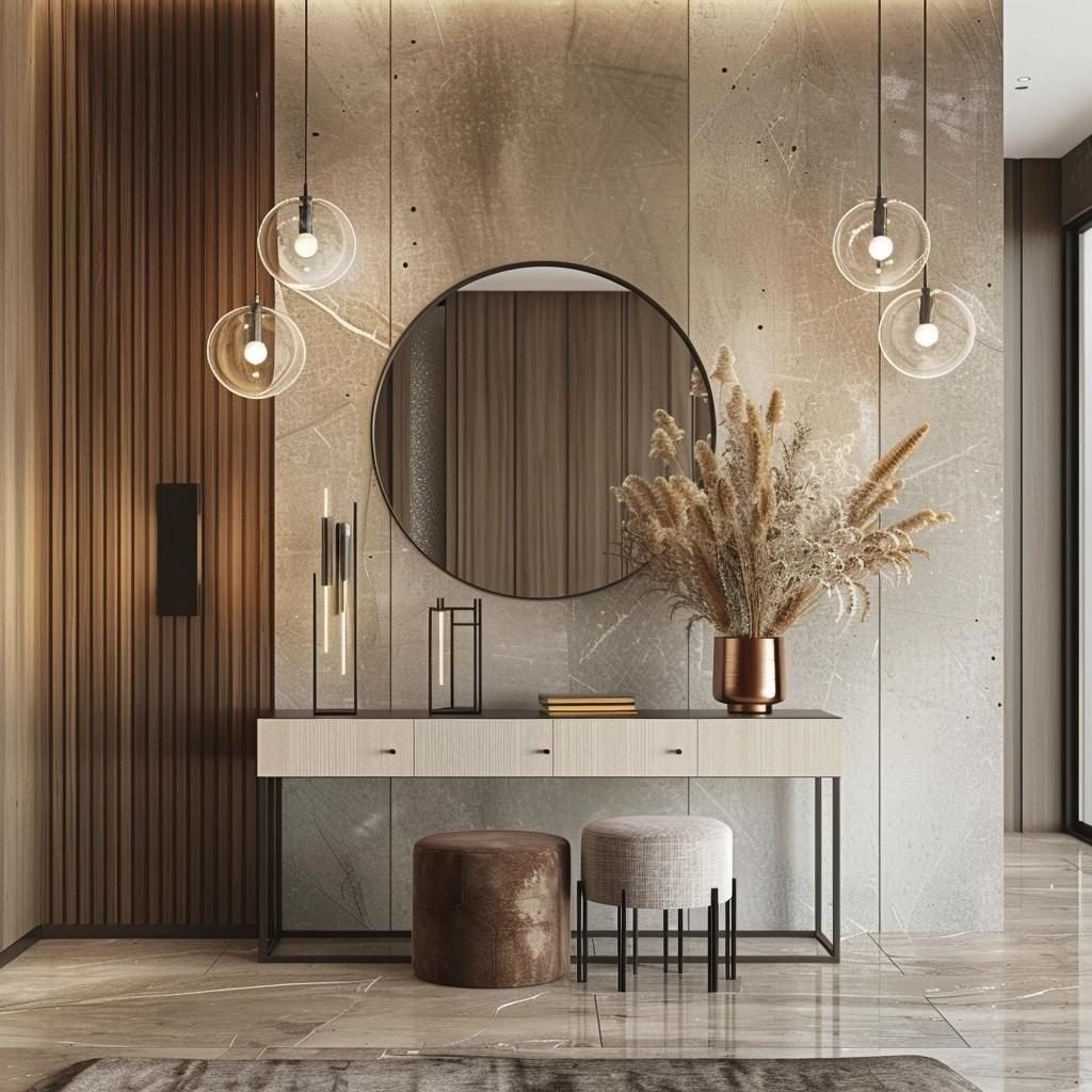 Entryway with a slim console, round mirror, glass globe pendants, dried grasses and a fluted timber panel