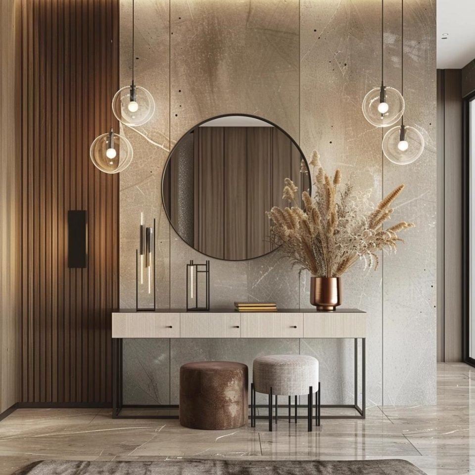 Entryway with a slim console, round mirror, glass globe pendants, dried grasses and a fluted timber panel