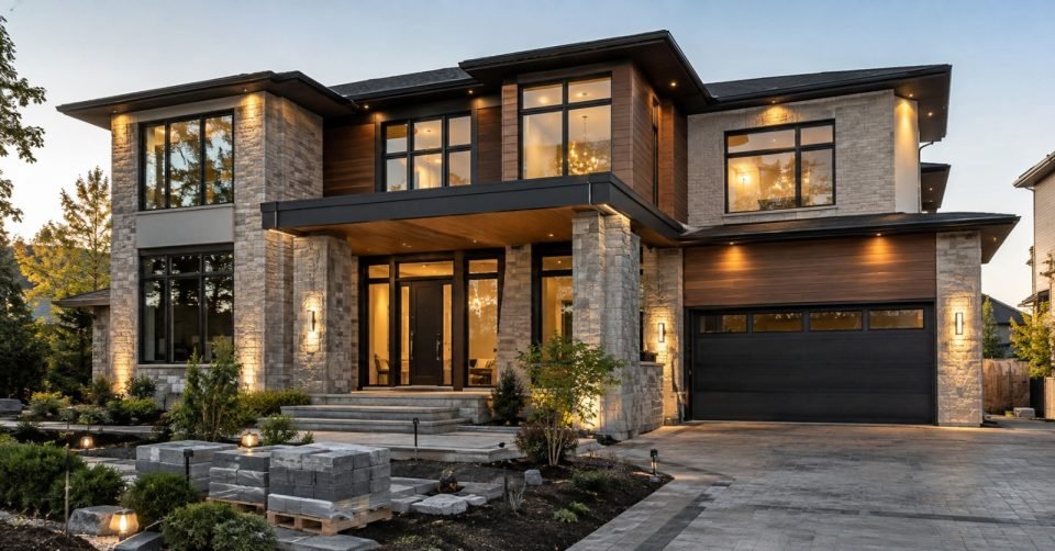 Contemporary family house exterior with warm facade lighting at dusk