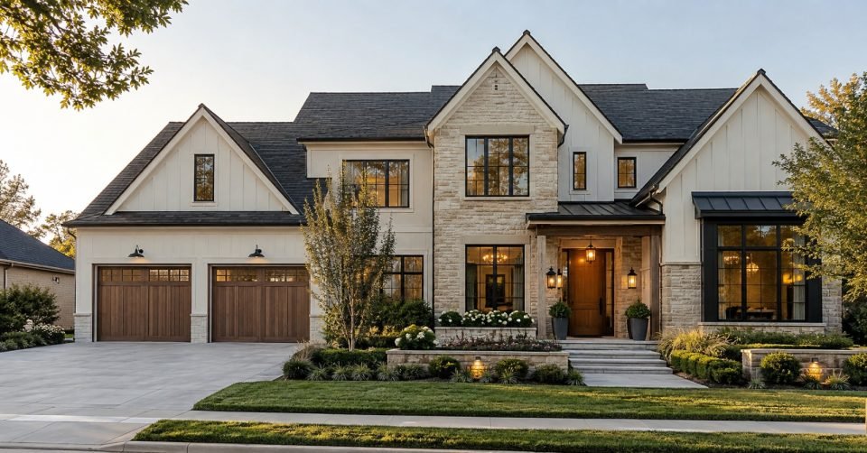 Finished family house exterior at dusk with stone facade and landscaped front garden