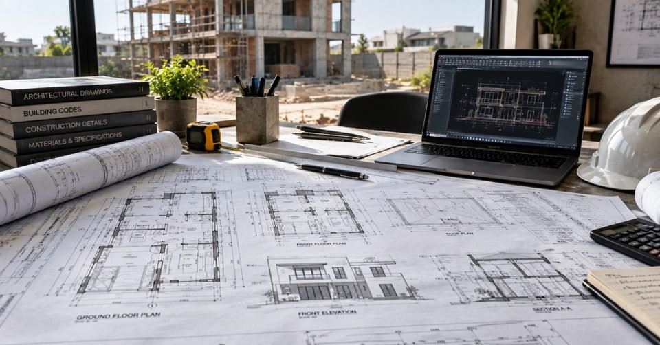 Floor plan drawings and a laptop on a desk beside a building site