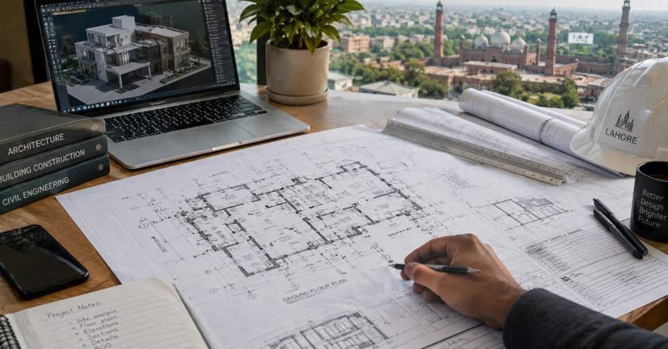 Hand sketching on a floor plan beside a 3D model on a laptop