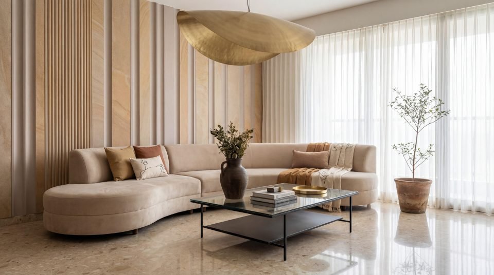 Lounge with fluted walls, floor-length sheer curtains and a gold leaf pendant