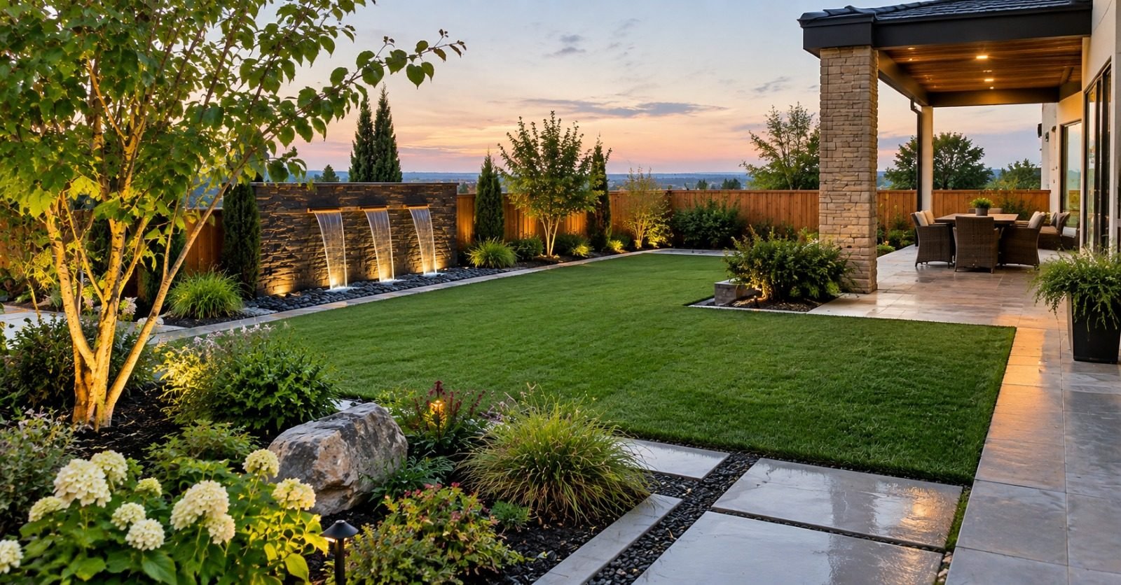 Landscaped garden with lawn, lit planting and a covered pergola at dusk