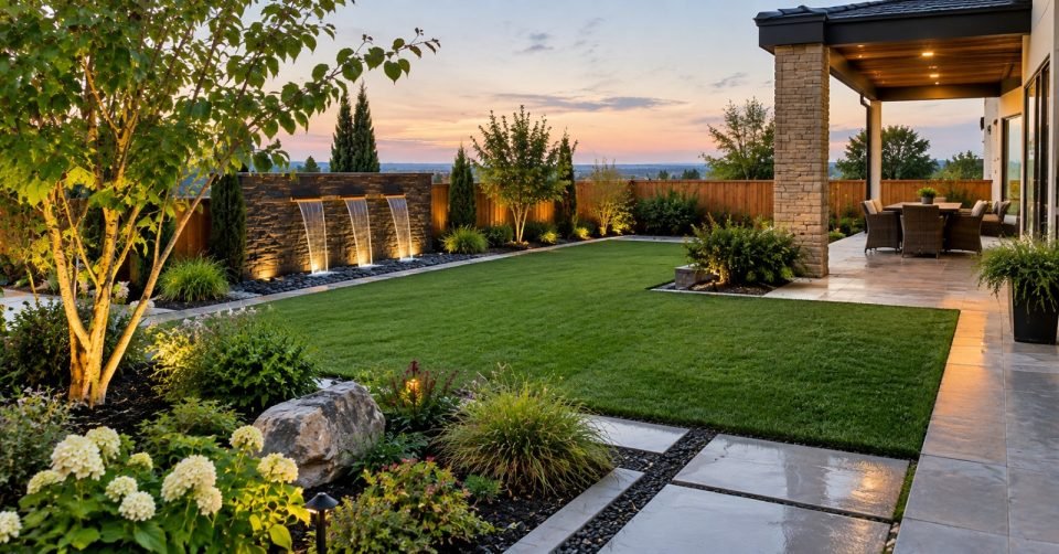 Landscaped garden with lawn, lit planting and a covered pergola at dusk