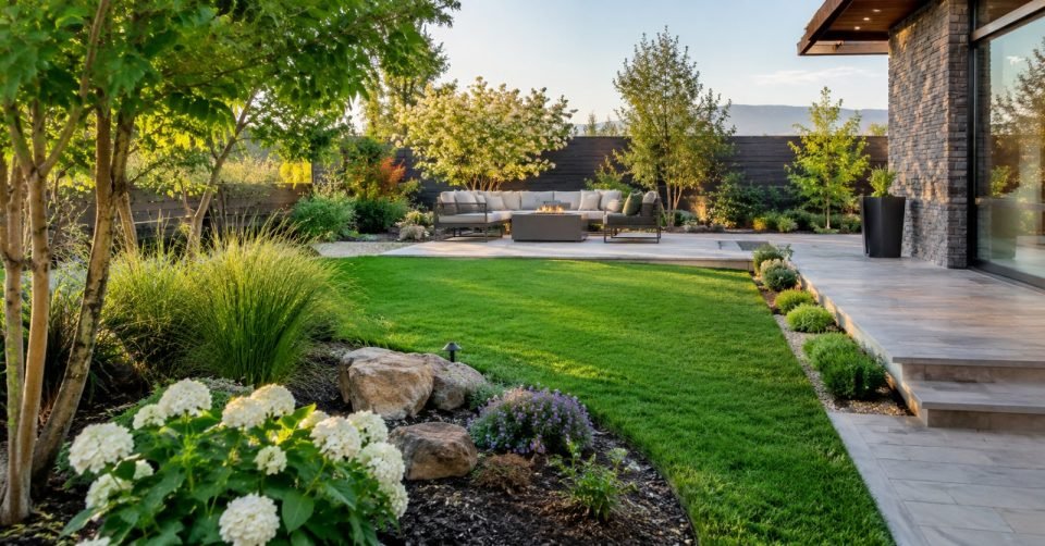 Garden lawn bordered by hydrangeas and ornamental grasses