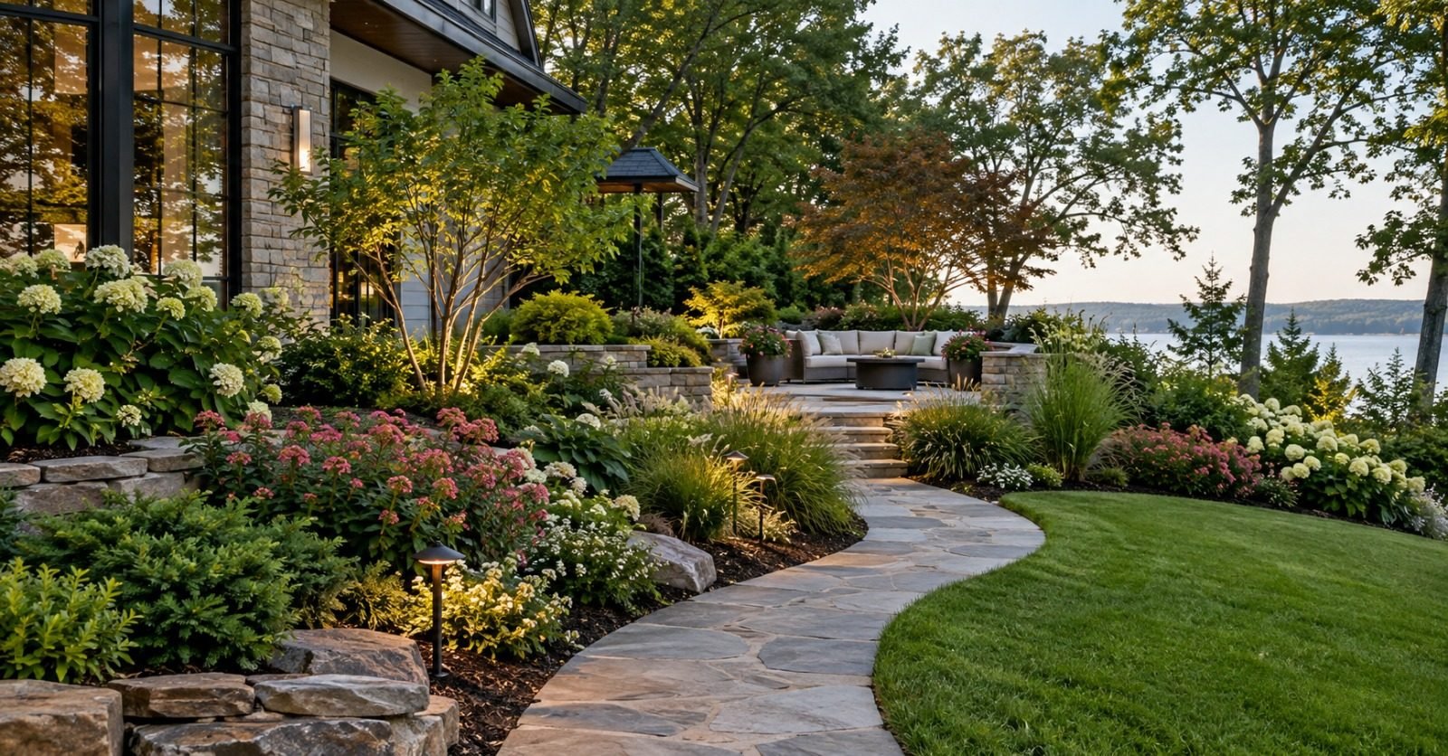 Curved stone garden path through flowering beds