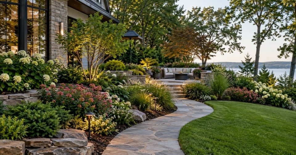 Curved stone garden path through flowering beds