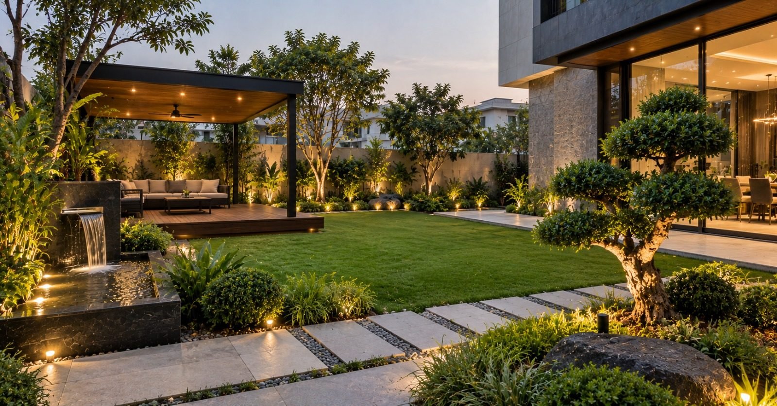 Garden with a water feature, stepping stones and landscape lighting