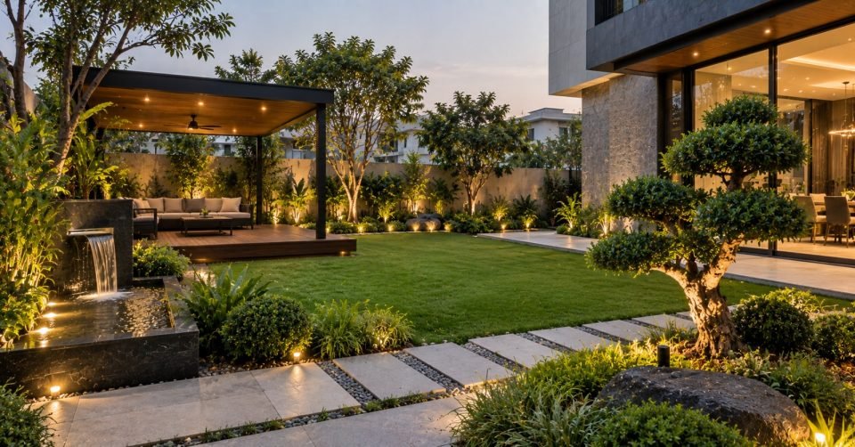 Garden with a water feature, stepping stones and landscape lighting