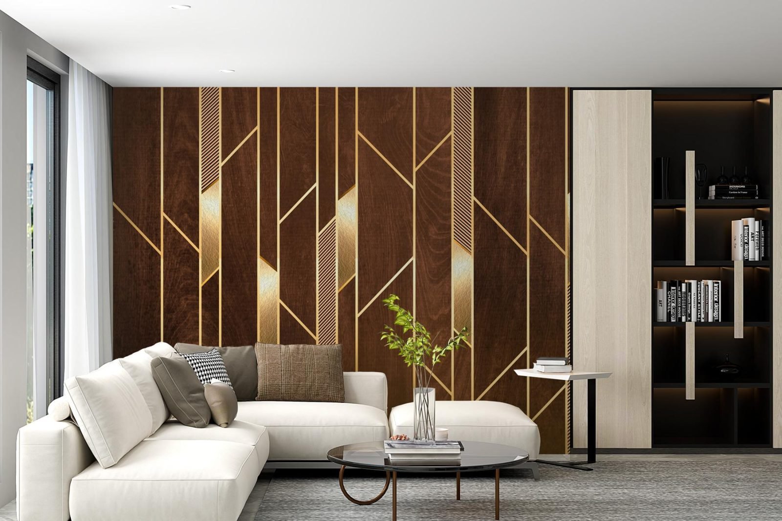 Walnut feature wall with gold geometric inlays behind a white sectional sofa and open shelving
