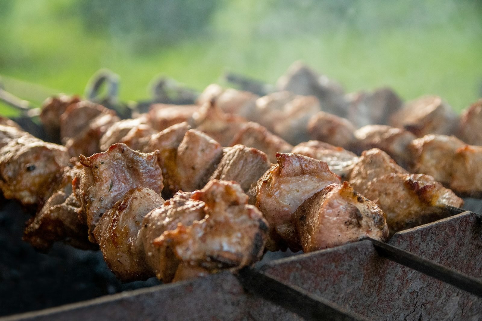 Skewers of meat grilling over a wood fire