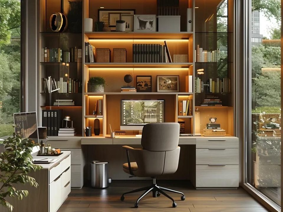 Home office with lit timber shelving, built-in desk and garden window