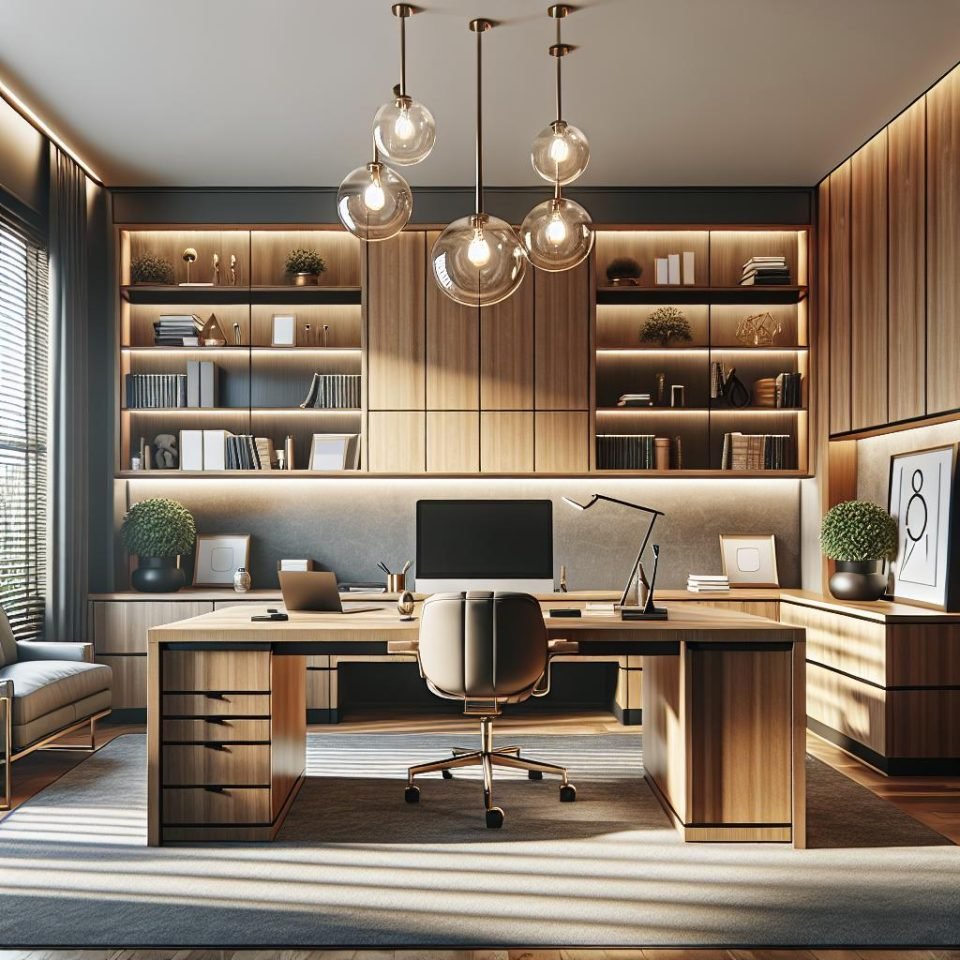 Home office with oak joinery, backlit shelves, glass globe pendants and a large timber desk