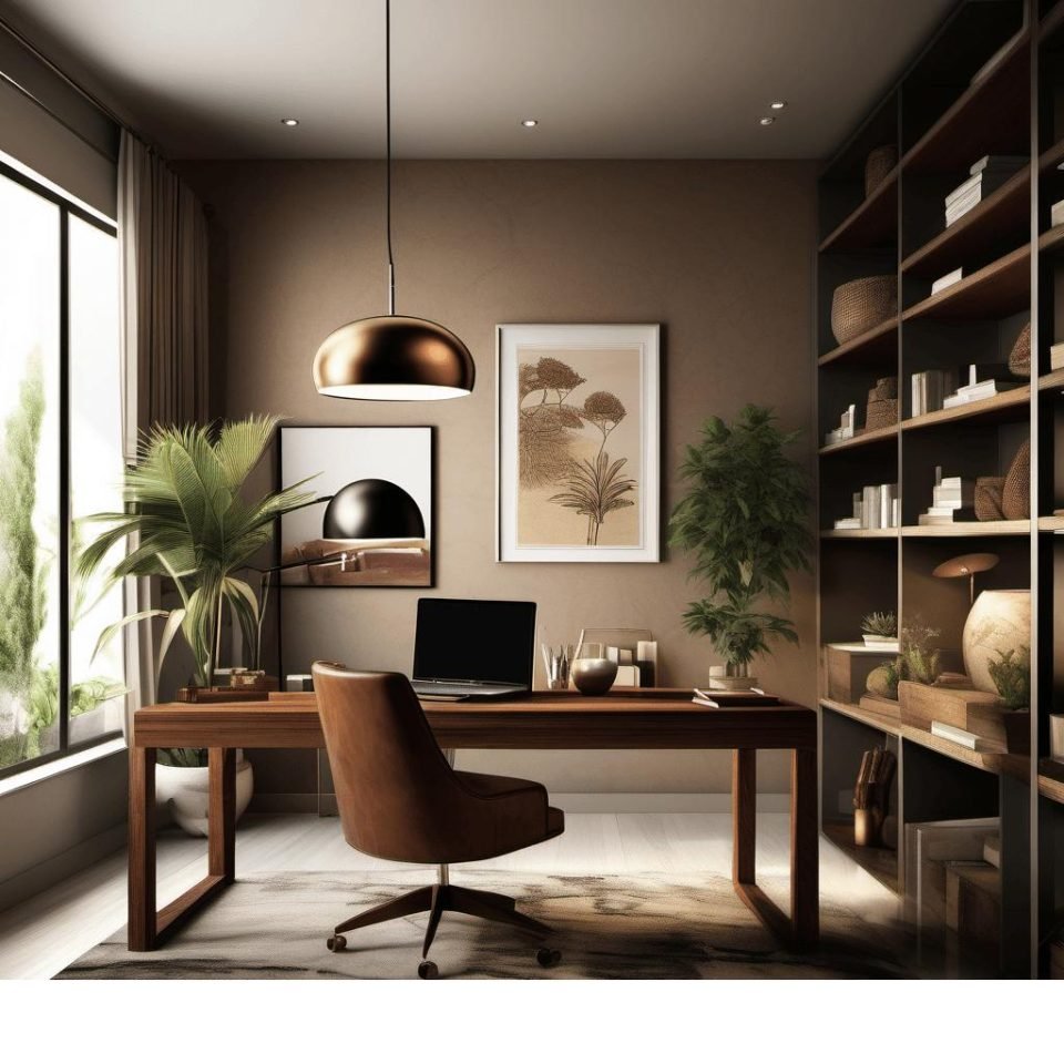 Home office with taupe walls, walnut desk, leather chair and built-in bookshelves